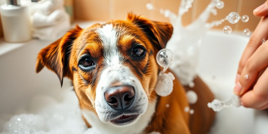 Dog in a bubbly bath for flea treatment.
