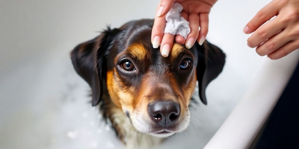 Dog in bathtub receiving a flea bath with bubbles.