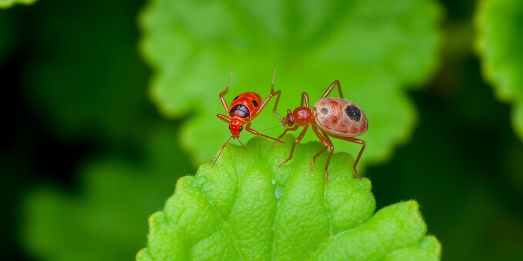 Chigger and clover mite on a green leaf.