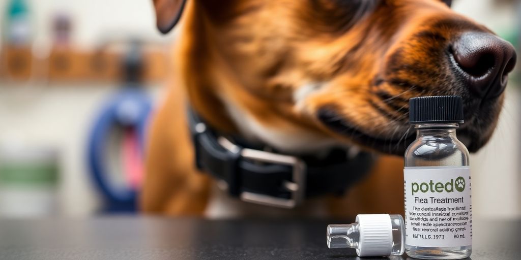 Dog with flea collar and spot treatment vial.