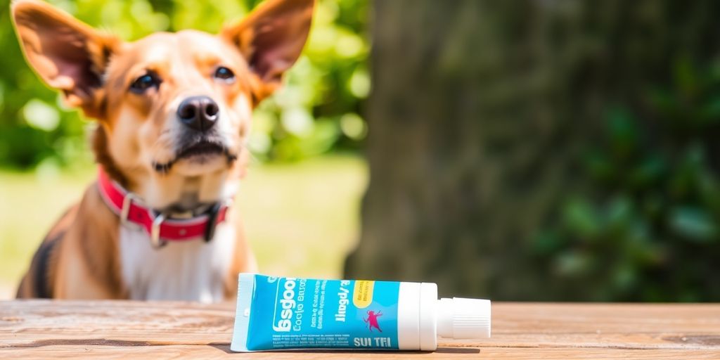 Dog with flea collar and spot treatment tube outdoors.