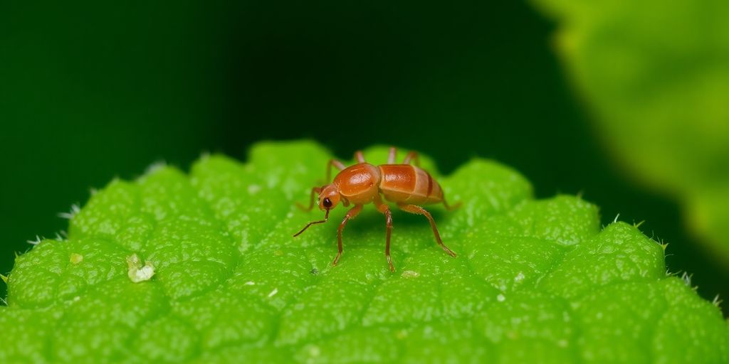 Clover mite on a green leaf, showing its red body.