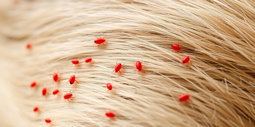 Clover mites on pet fur in natural lighting.