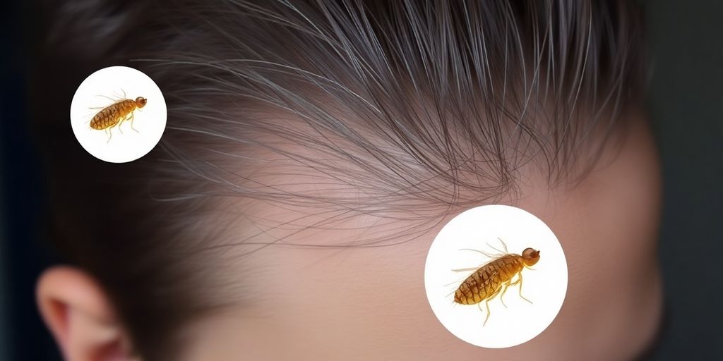 Close-up of human hair with fleas visible.