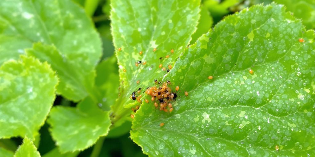 Chiggers and clover mites on green leaves in a garden.