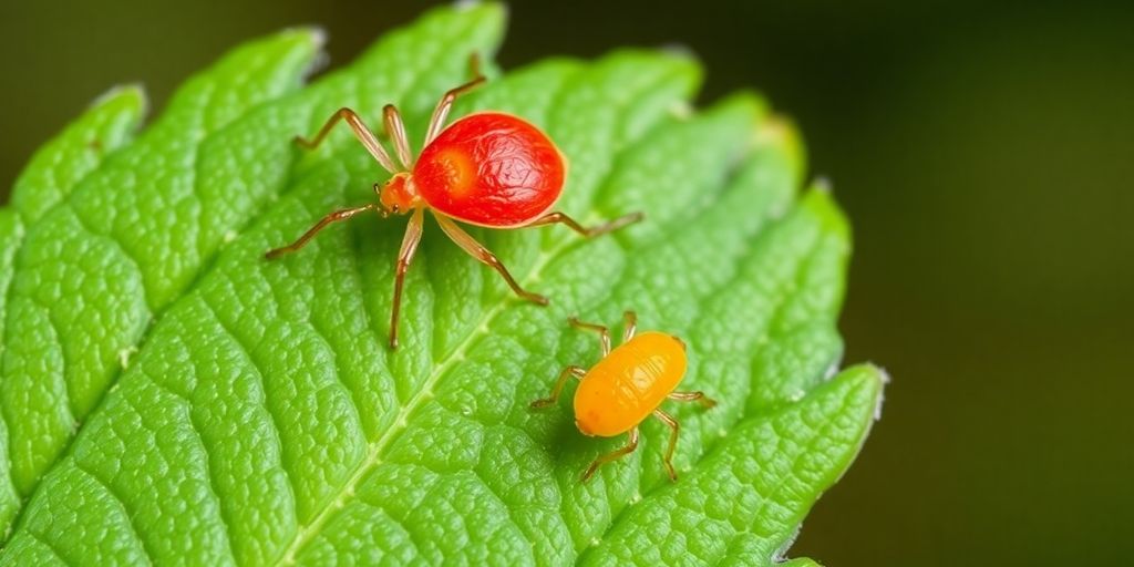 Clover mite and chigger on a green leaf.