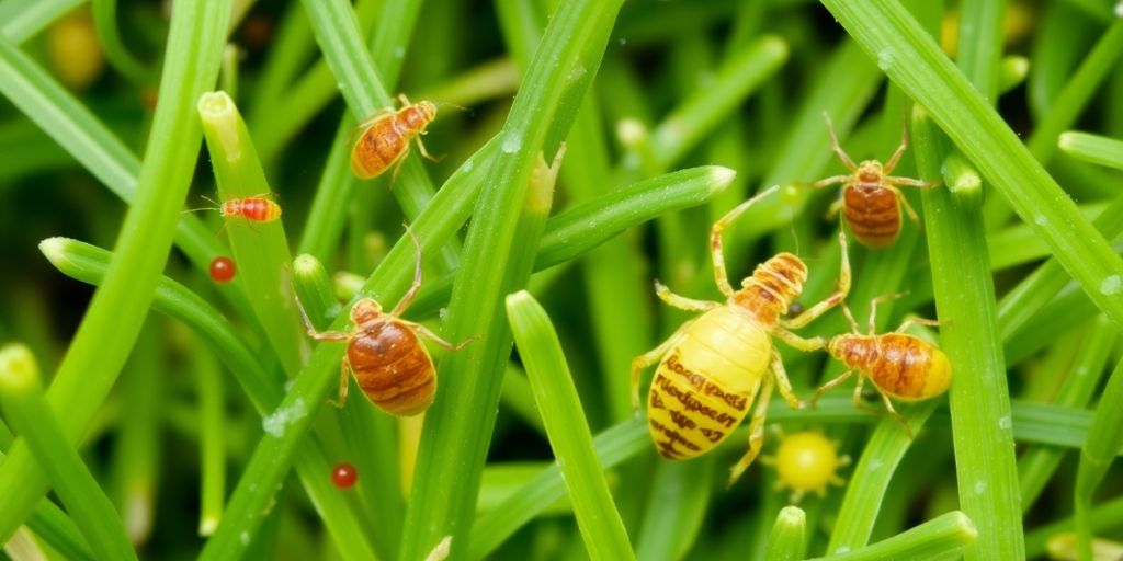 Clover mites and chiggers on grass, showing size differences.