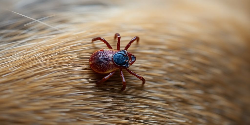 Close-up of a tick on a dog's fur.