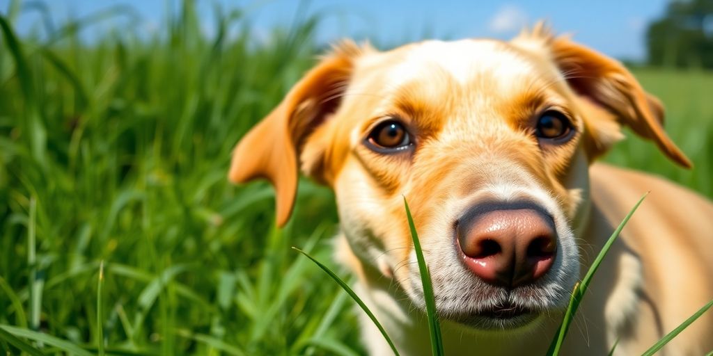 Dog with tick in fur on grass.
