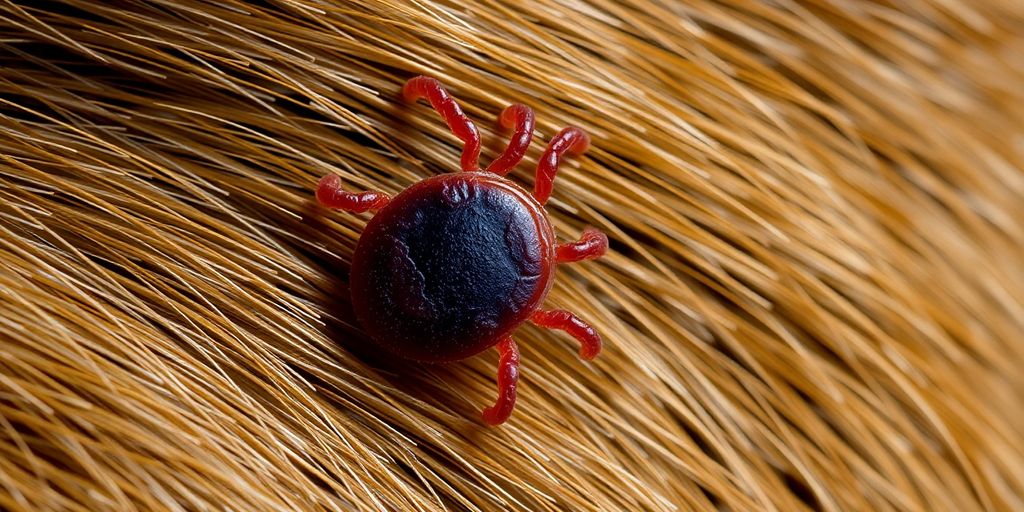 Close-up of a dog tick on dog fur.