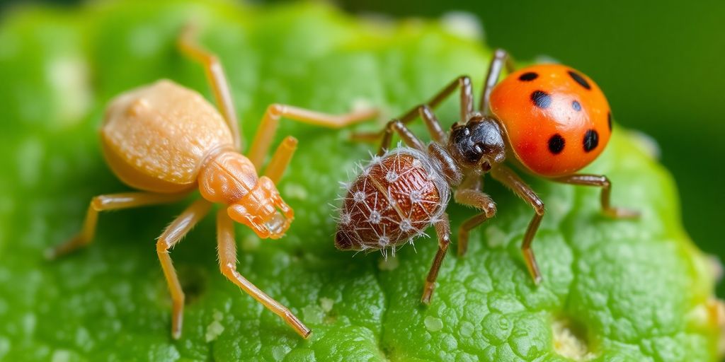 Clover mite and chigger on a leaf, side by side.