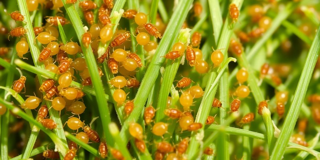 Clover mites and chiggers on grass blades.