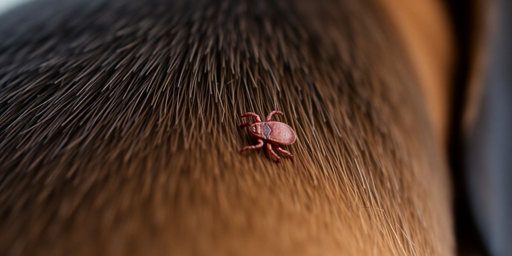 Close-up of a dog with an embedded tick.