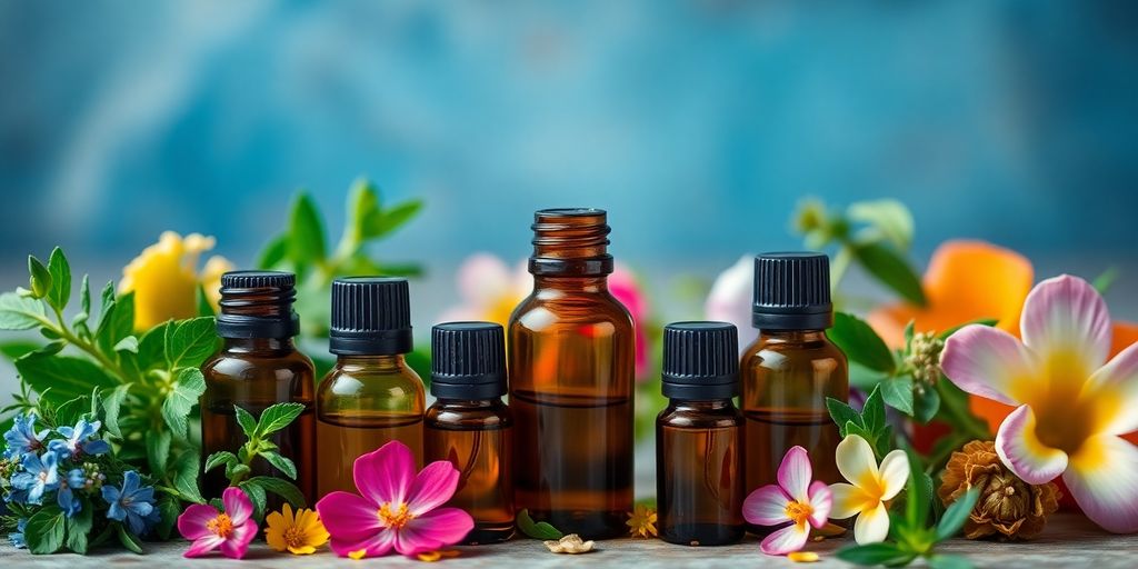 Bottles of essential oils with herbs and flowers.