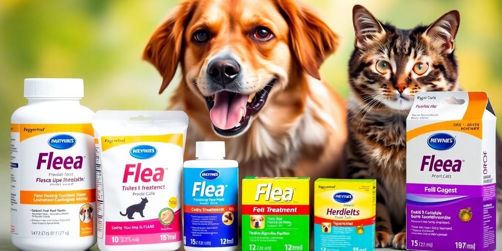 Dog and cat with flea treatments in the foreground.