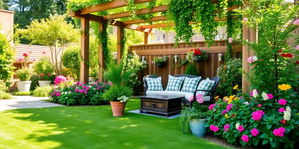 Lush garden with seating area and colorful flowers.