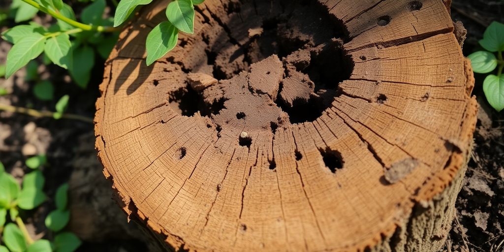 Close-up of a damaged tree stump with termites.