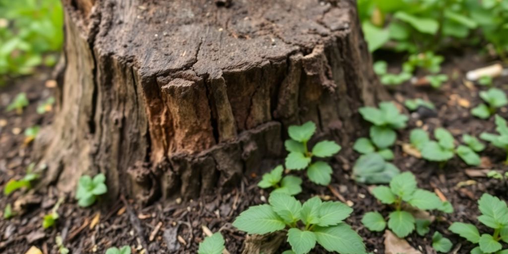 Tree stump damaged by termites with green background.