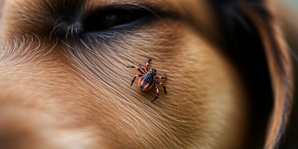 Close-up of a dog with a tick in its fur.