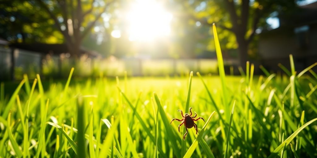 A tick on grass in a sunny backyard setting.