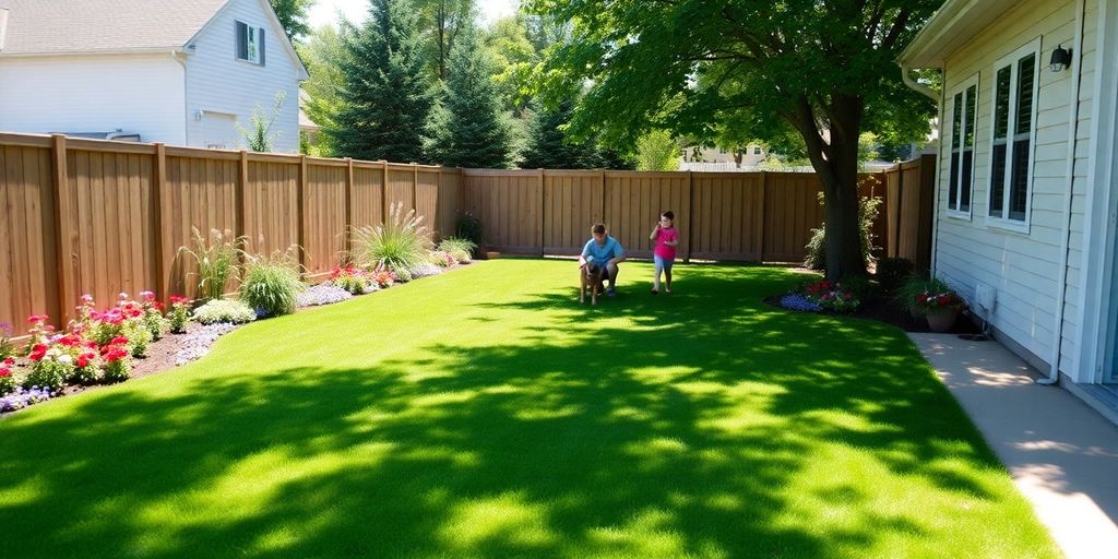 Lush backyard with family playing and vibrant flowers.