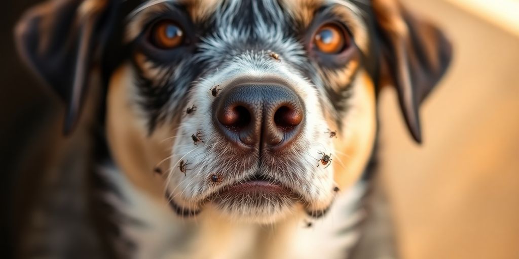 Dog with ticks on its fur, urgent pet care needed.