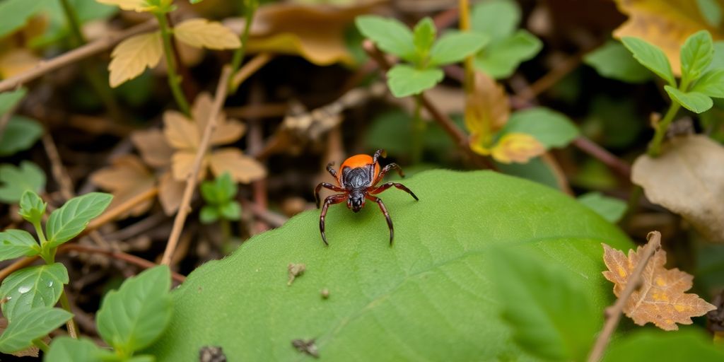 A tick on a leaf in a forest setting.