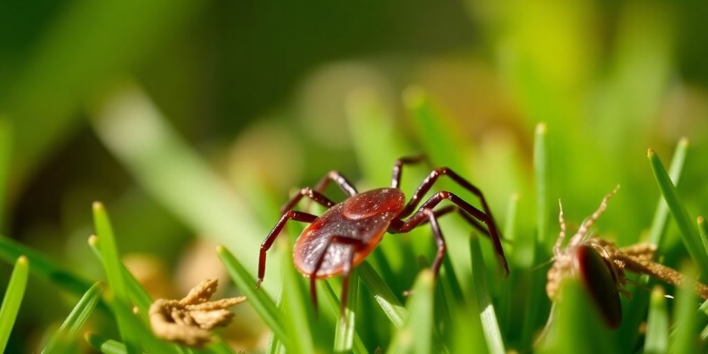 A tick on green grass in natural sunlight.