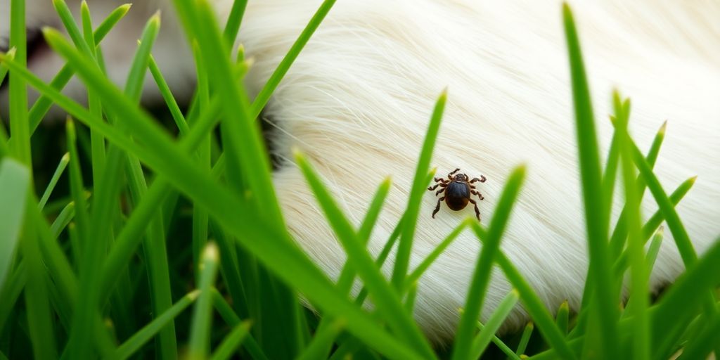 A dog with a tick on its fur in grass.
