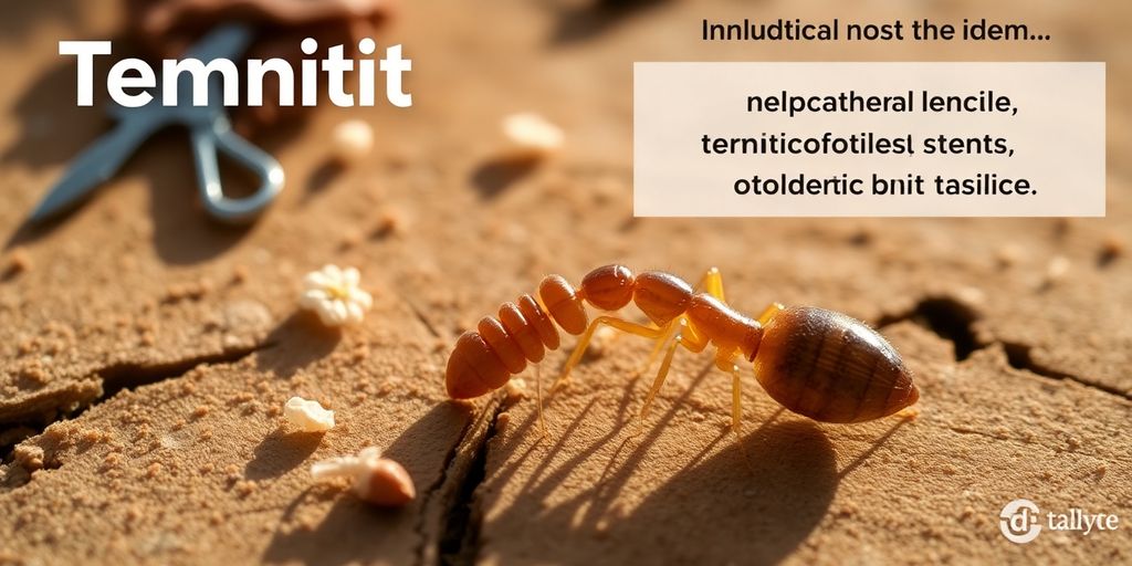 Termite worker on wood with pest control tools nearby.