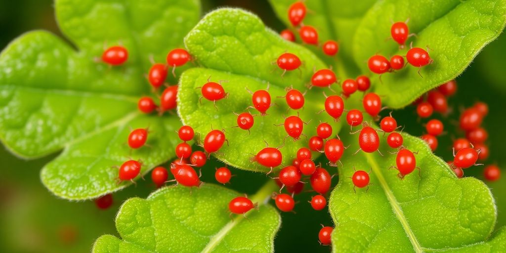 Close-up of clover mites on green clover leaves.