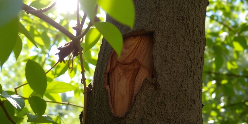 Tree trunk with termite damage and green leaves.