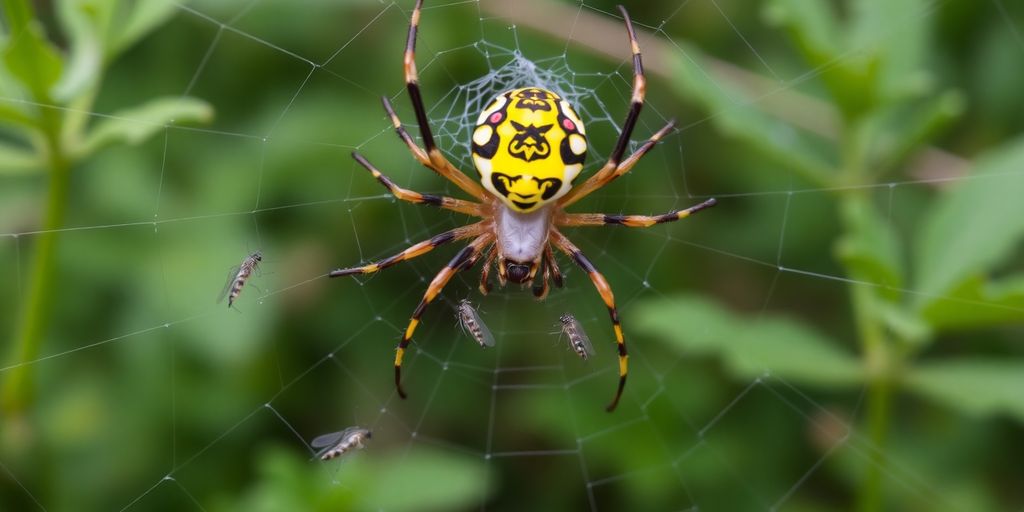 Joro spider in web with mosquitoes caught inside.