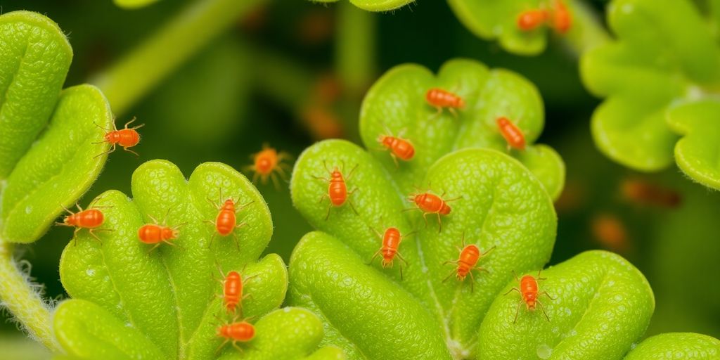 Clover mites on green leaves, showing potential plant damage.