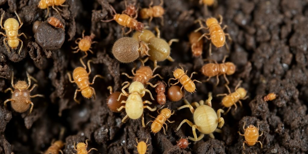 Close-up image of soil mites in rich soil.