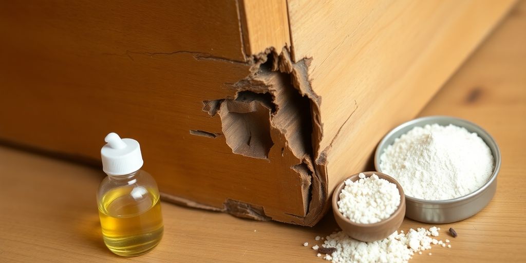 Damaged wood furniture with natural termite control remedies nearby.