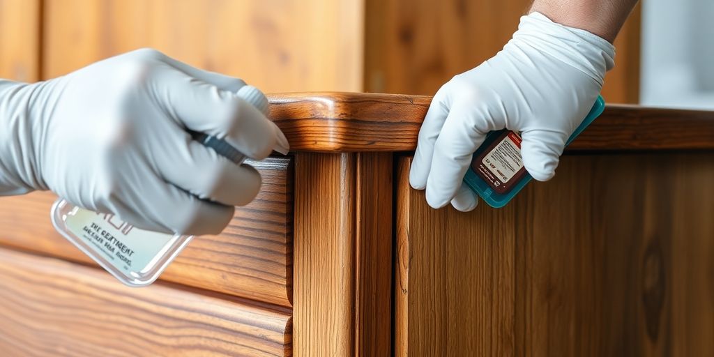 Wood furniture being treated for termite infestation.