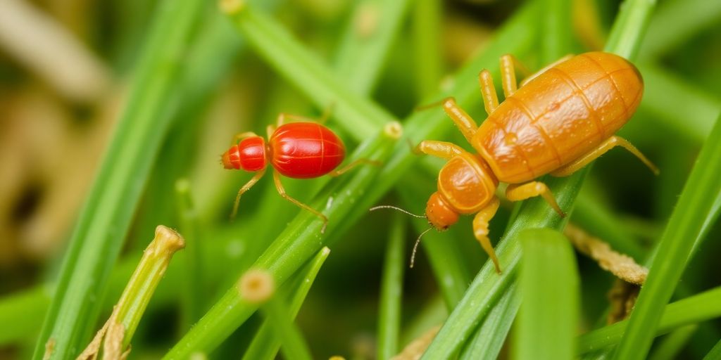 Close-up of clover mites and chiggers on grass.