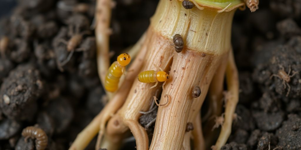 Root aphids and soil mites on plant roots close-up.