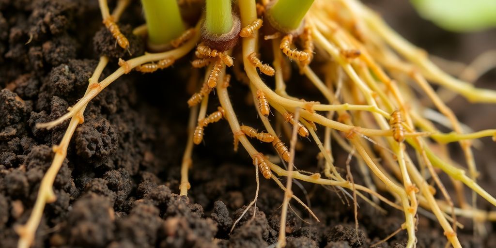 Close-up of root aphids on plant roots.