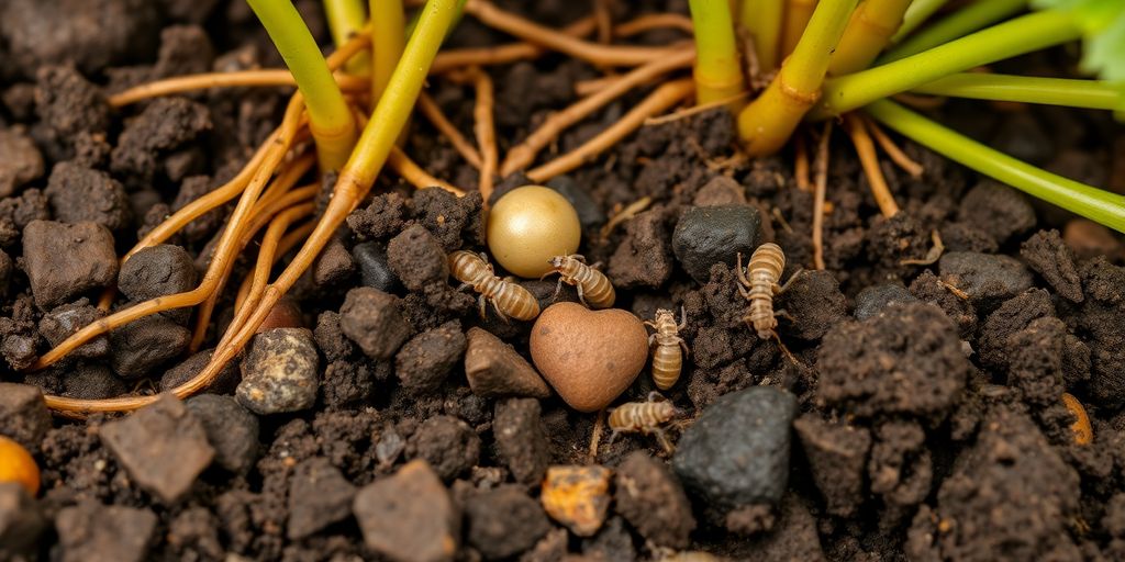 Close-up of beneficial soil mites in healthy garden soil.