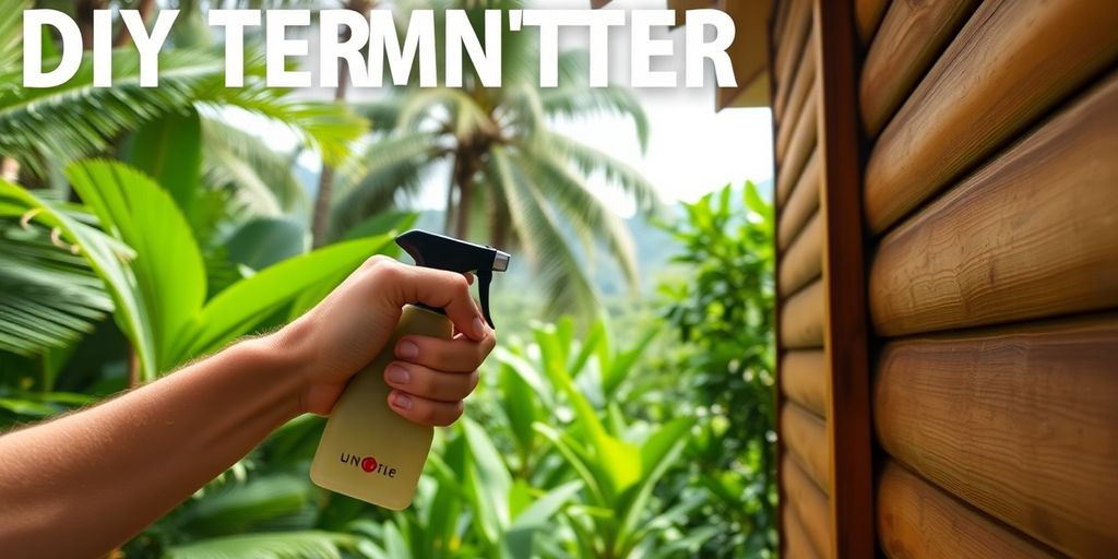 Person spraying pesticide in a tropical Hawaiian garden.