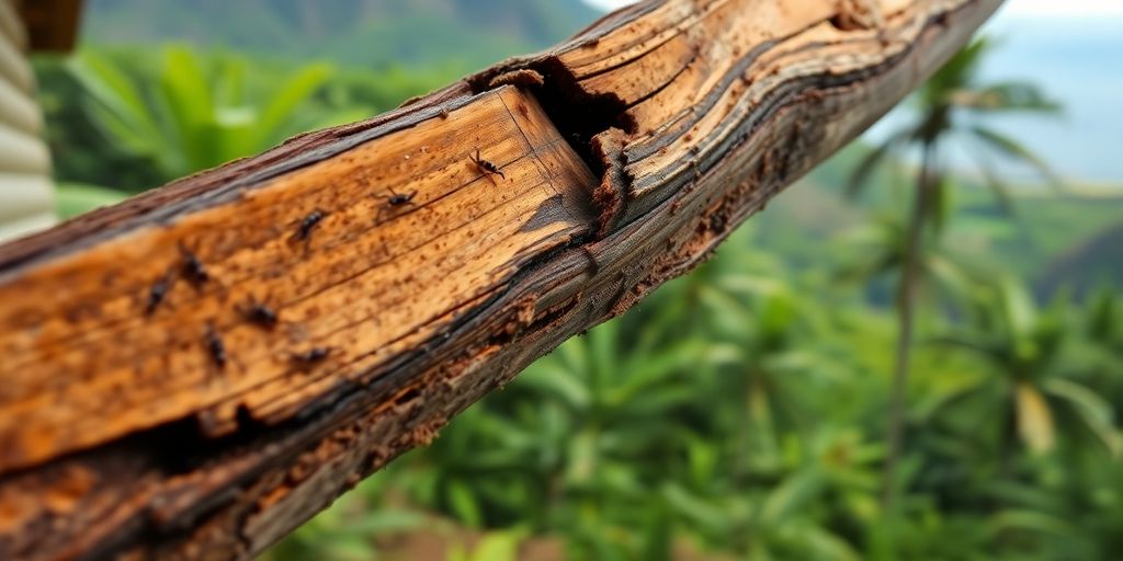 Termite damage on wood in a Hawaiian setting.