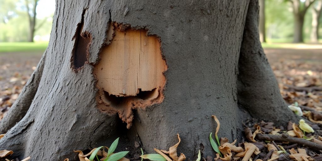 Tree trunk with termite damage and wood shavings visible.