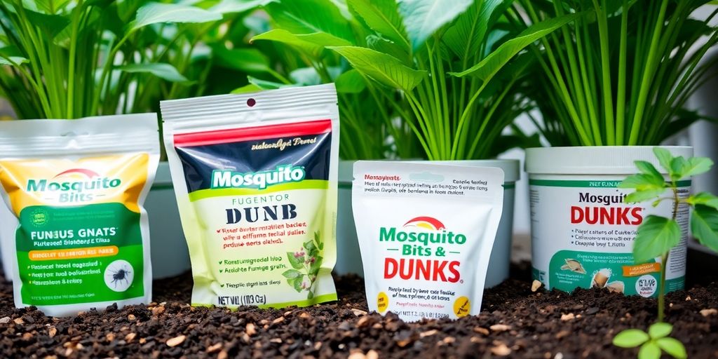 Indoor plants with Mosquito Bits and Dunks treatment applied.