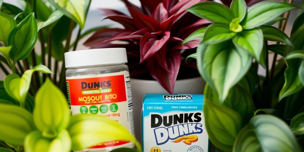 Houseplants with Mosquito Bits and Dunks products nearby.