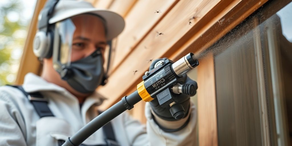 A pest control expert treating wooden structures for termites.