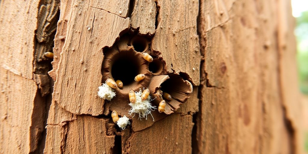 Tree trunk damaged by termite infestation with visible holes.