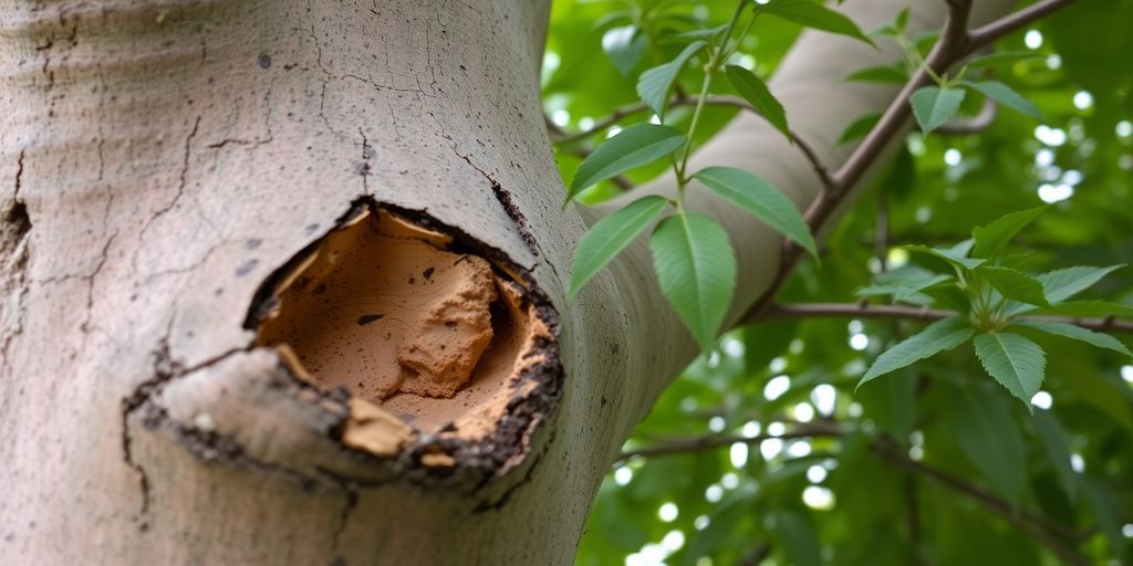 Tree with visible termite damage and healthy surrounding foliage.