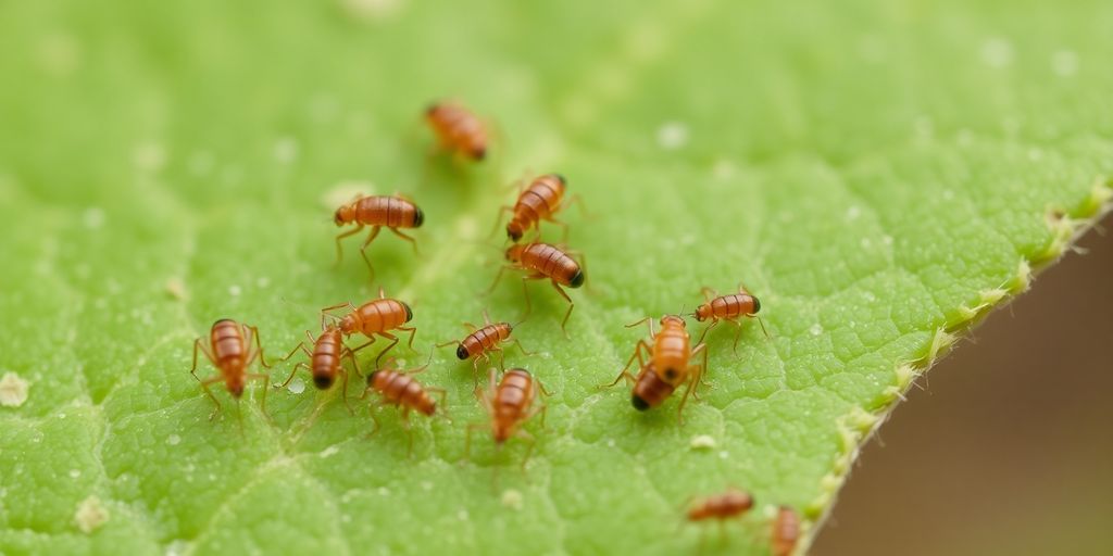 Chiggers and clover mites on a green leaf.